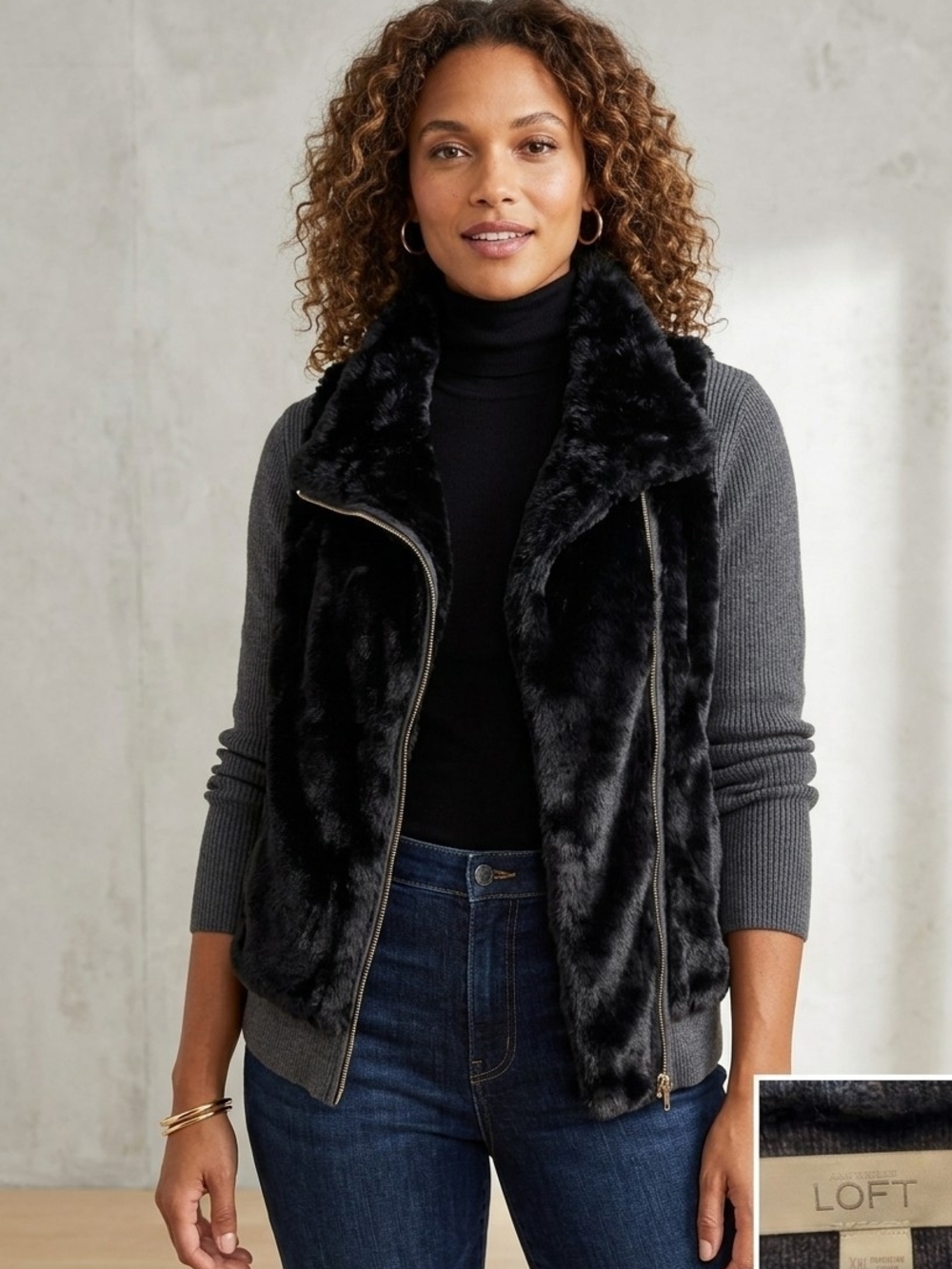 Ann Taylor LOFT Luxe Faux Fur & Wool Blend Moto Sweater-Jacket Size 2XL XXL